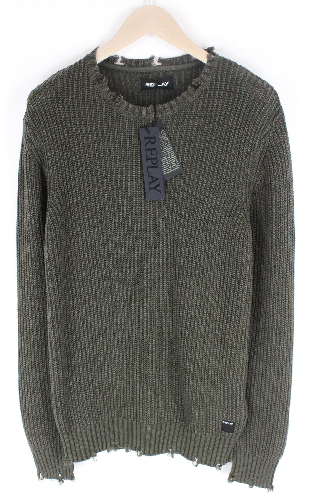 REPLAY vyriškas XL dydžio žalias megztinis medvilninis ilgomis rankovėmis, plėšytas laisvalaikio megztinis 