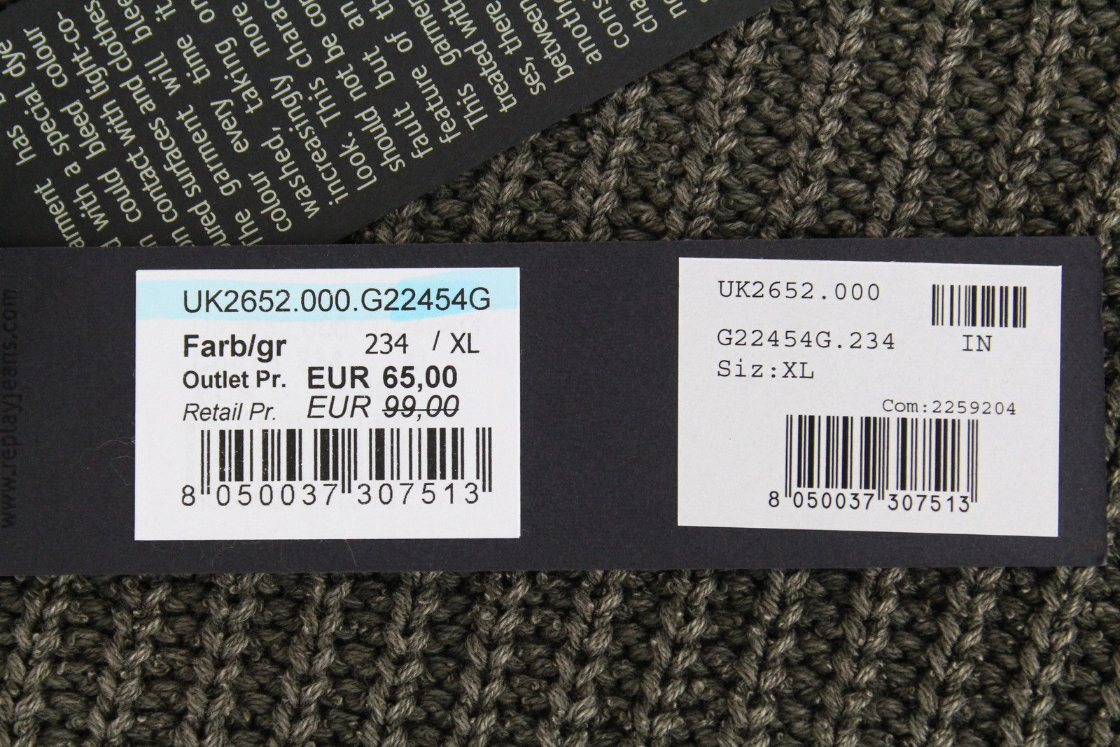 REPLAY vyriškas XL dydžio žalias megztinis medvilninis ilgomis rankovėmis, plėšytas laisvalaikio megztinis 