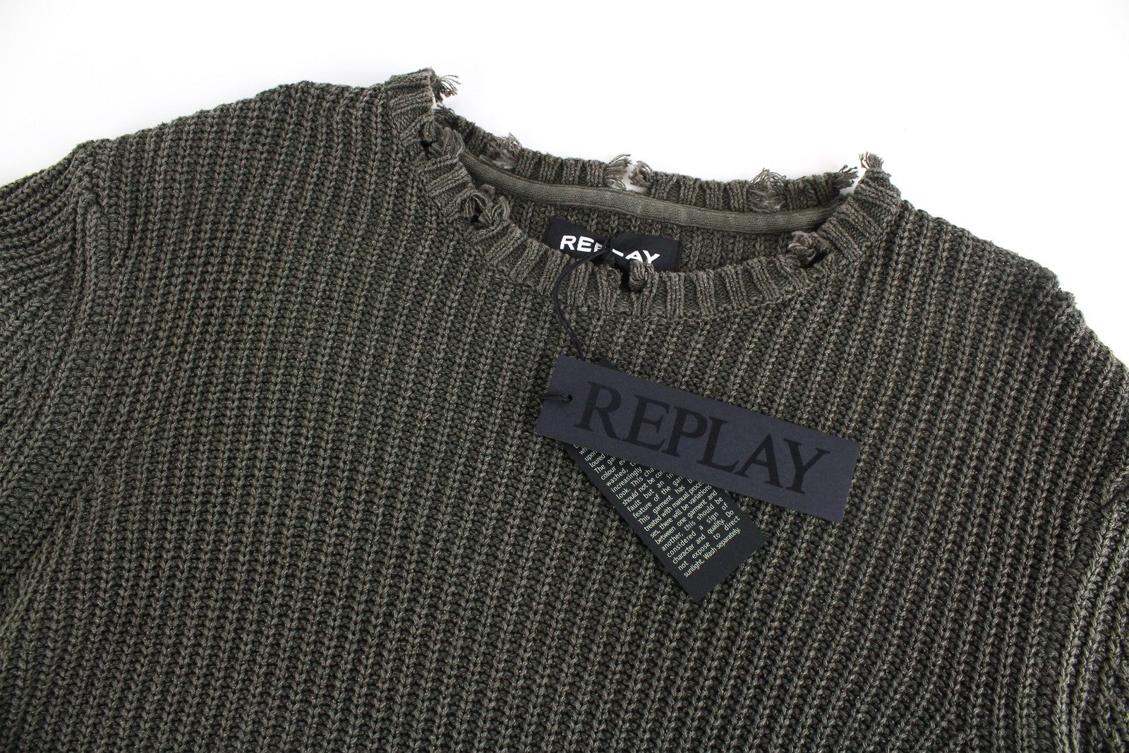 REPLAY vyriškas XL dydžio megztinis, žalias, medvilninis, plėšytas, laisvalaikio stiliaus ilgomis rankovėmis 