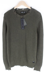 REPLAY vyriškas XL dydžio žalias megztinis su plėšyta medvilnine ilgomis rankovėmis laisvalaikio stiliaus 