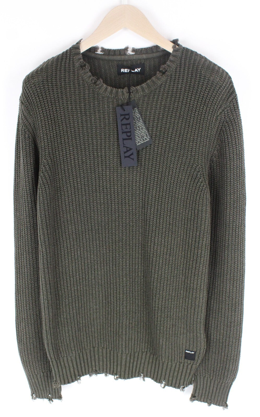 REPLAY vyriškas XL dydžio žalias megztinis su plėšyta medvilnine ilgomis rankovėmis laisvalaikio stiliaus 