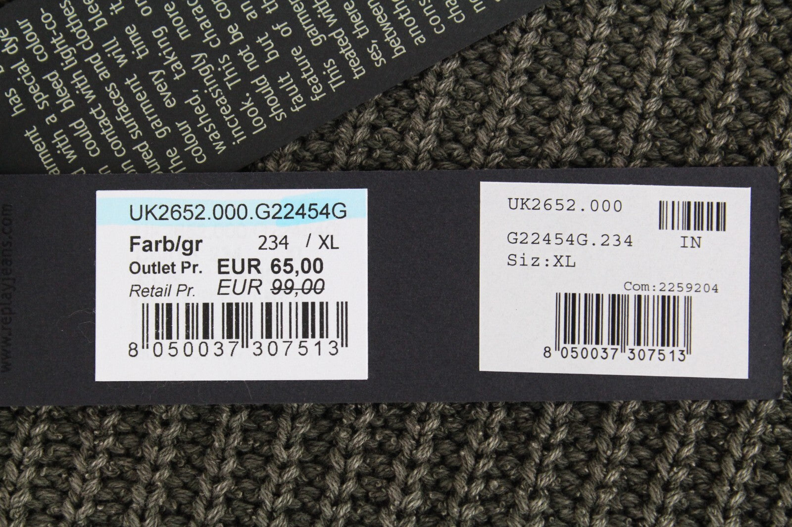 REPLAY vyriškas XL dydžio žalias megztinis su plėšyta medvilnine ilgomis rankovėmis laisvalaikio stiliaus 