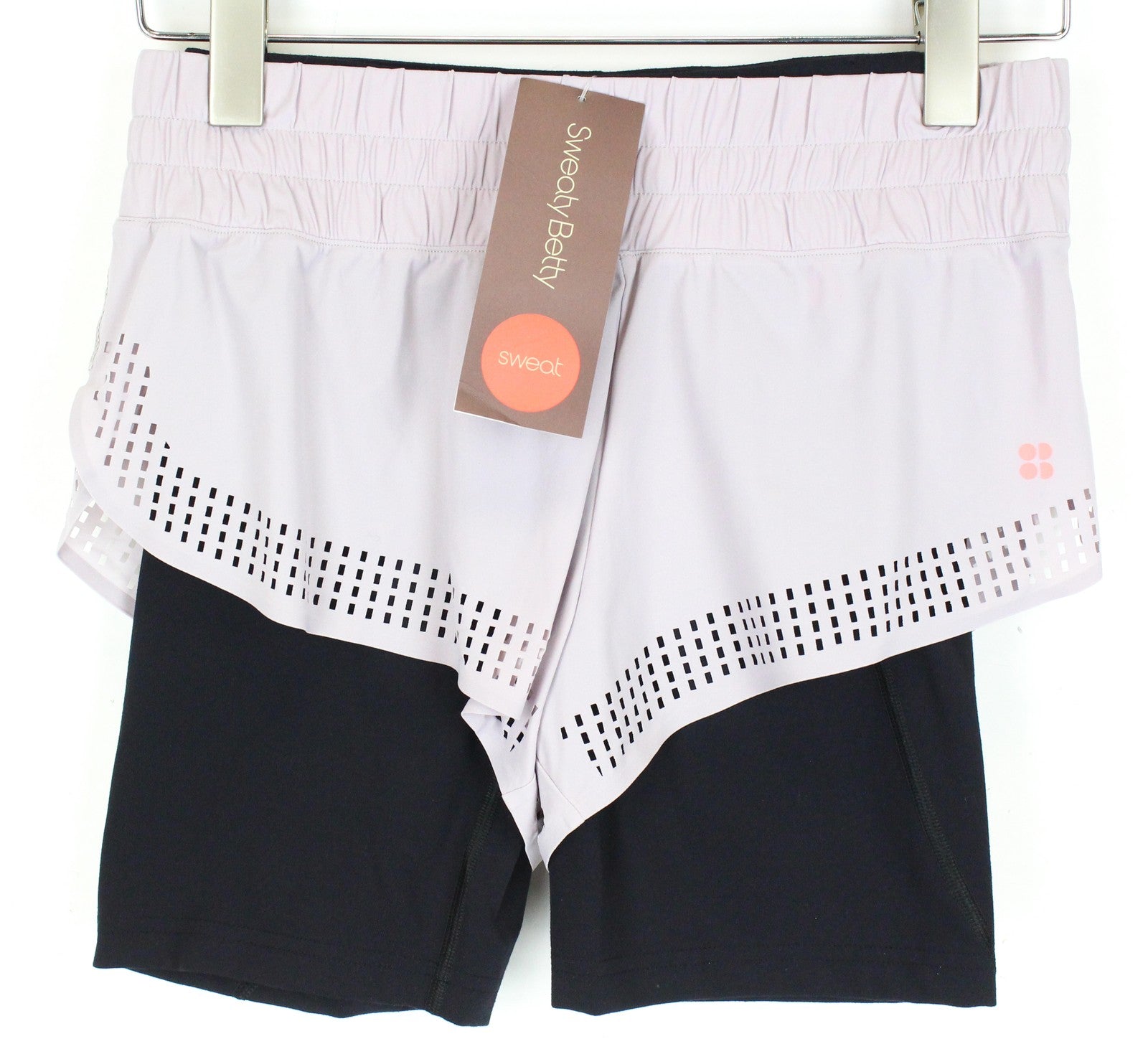 SWEATY BETTY Aerial 2in1 moteriški šortai XS, violetiniai, juodi, tamprūs, daugiasluoksniai, sportiniai 