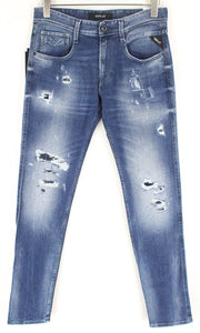 REPLAY Anbass vyriški džinsai W30/L34 mėlyni, skalbtos medvilnės, ploni, tamprūs, plėšyti 