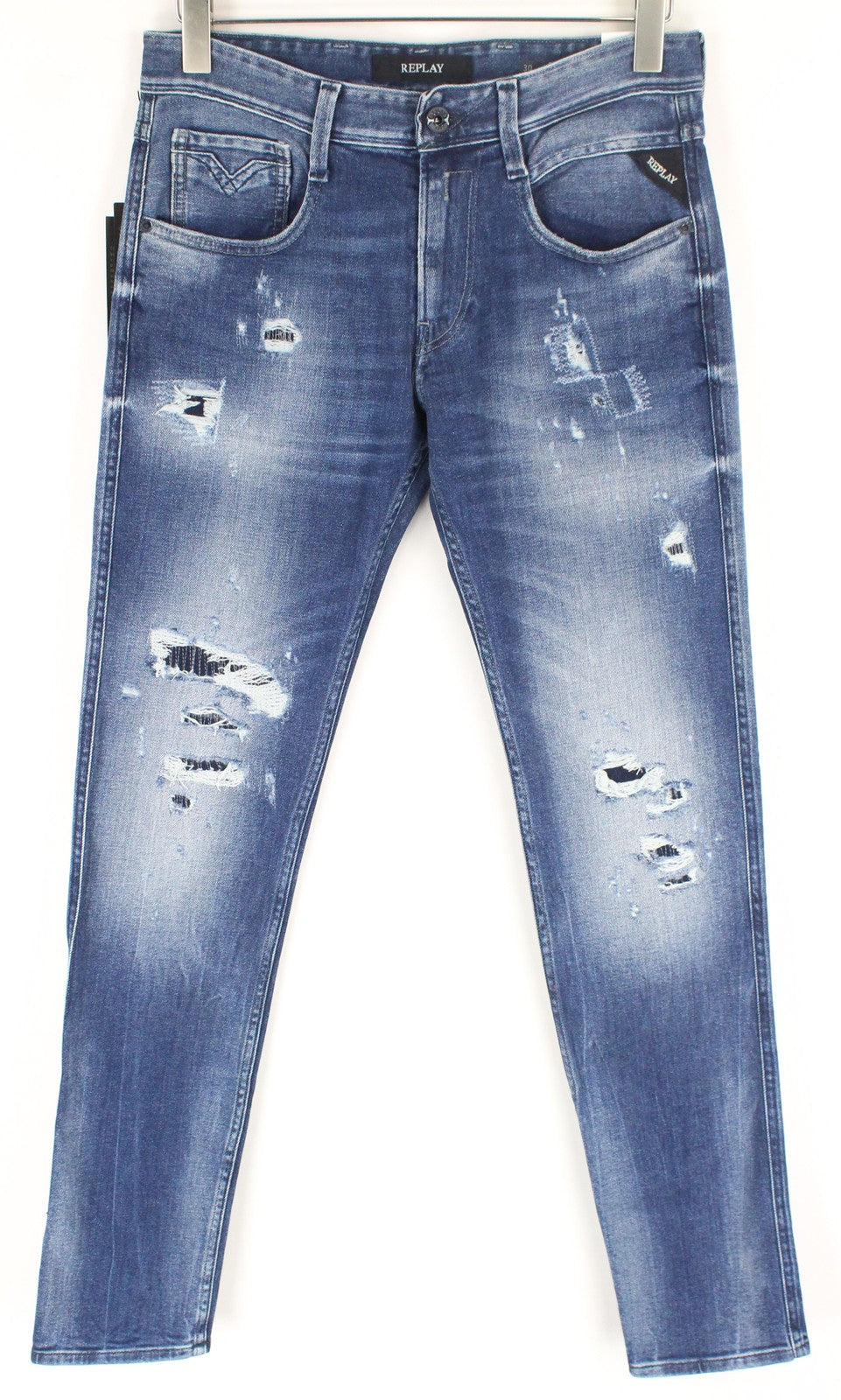 REPLAY Anbass vyriški džinsai W30/L34 mėlyni, skalbtos medvilnės, ploni, tamprūs, plėšyti 