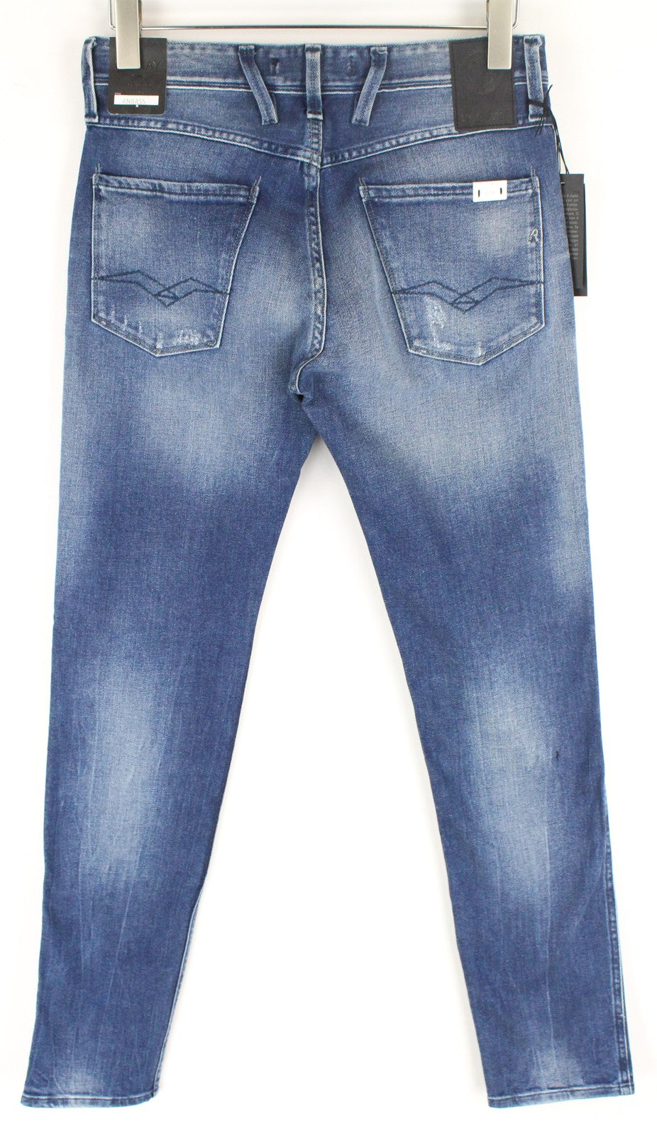 REPLAY Anbass vyriški džinsai W30/L34 mėlyni, skalbtos medvilnės, ploni, tamprūs, plėšyti 