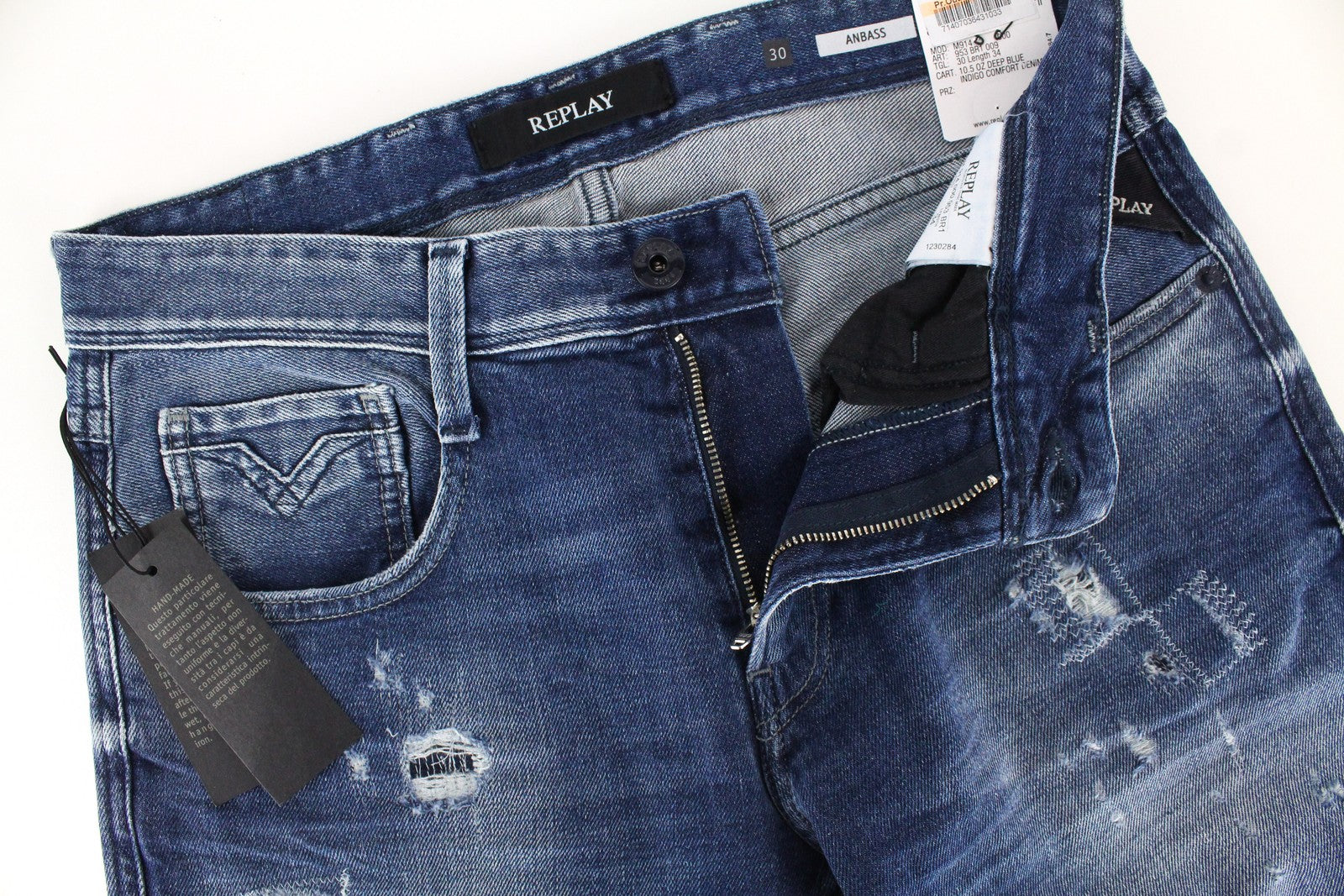 REPLAY Anbass vyriški džinsai W30/L34 mėlyni, skalbtos medvilnės, ploni, tamprūs, plėšyti 