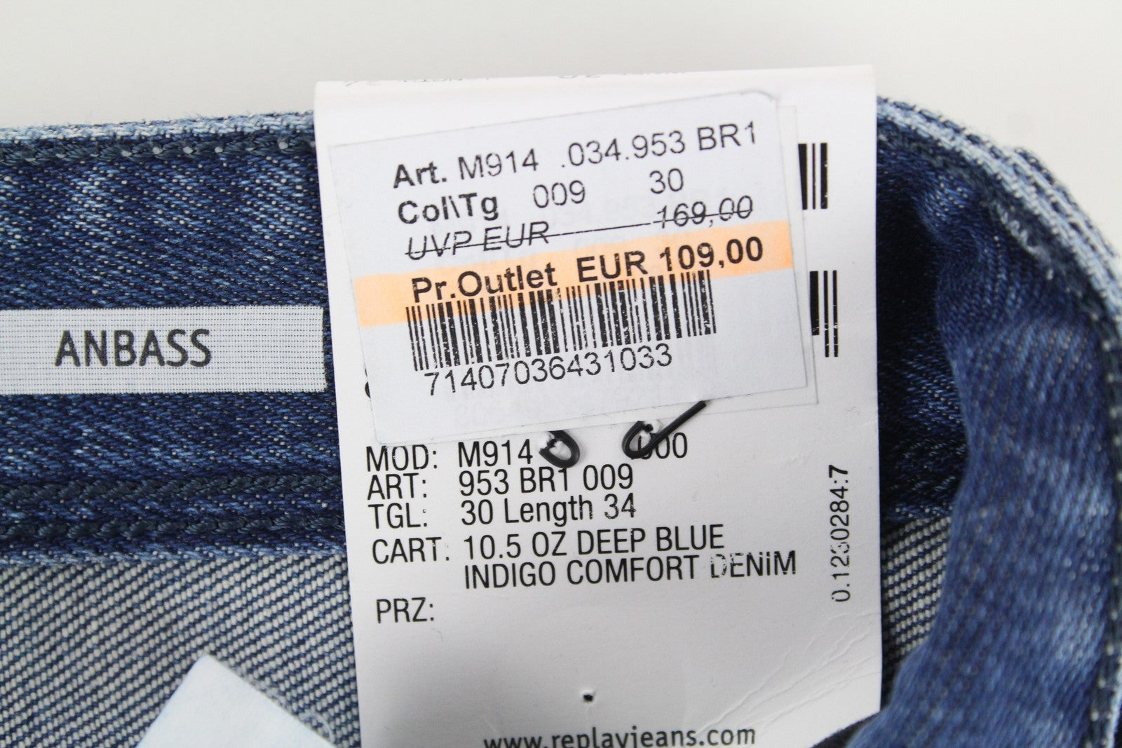 REPLAY Anbass vyriški džinsai W30/L34 mėlyni, skalbtos medvilnės, ploni, tamprūs, plėšyti 