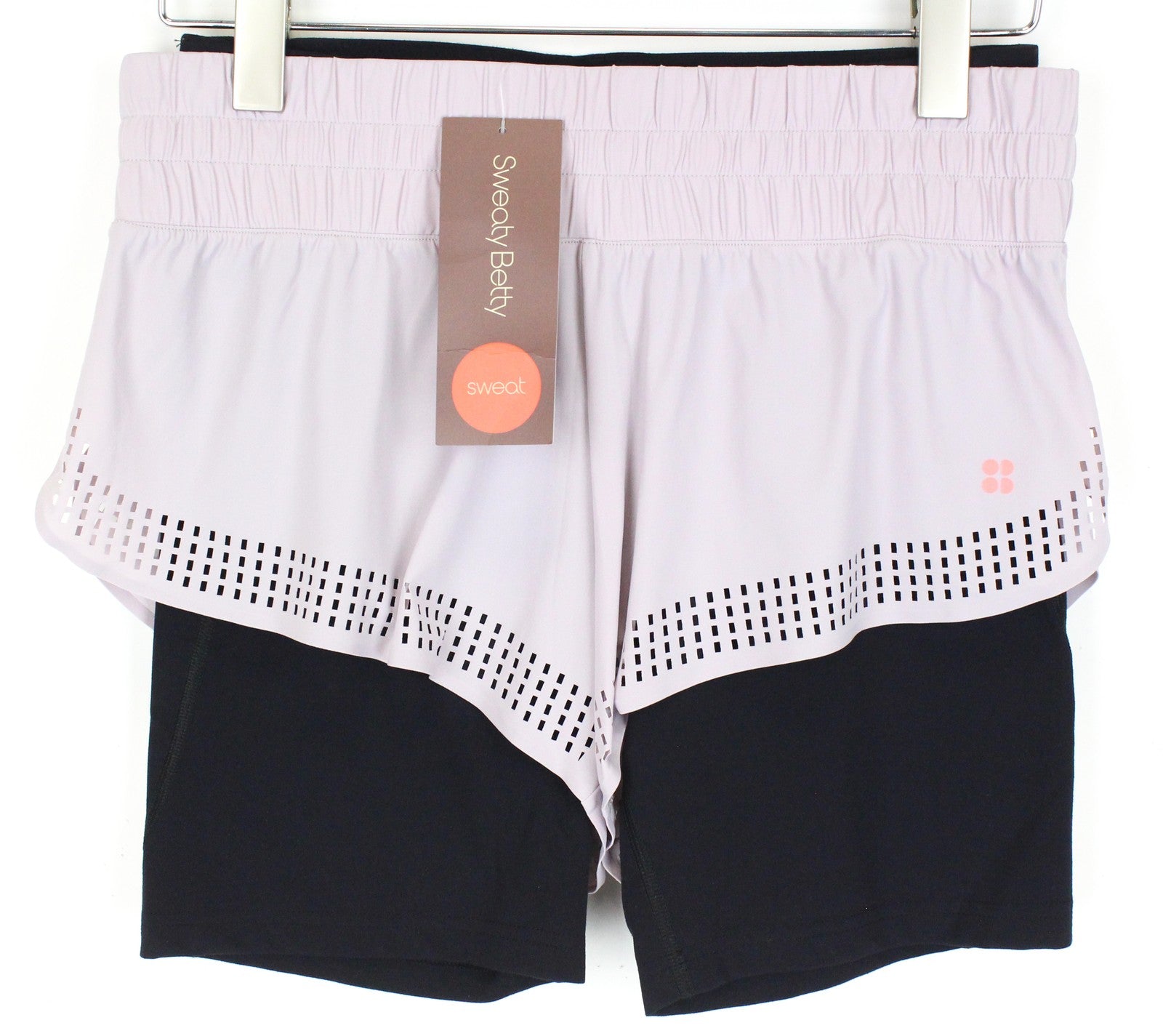 SWEATY BETTY Aerial 2in1 moteriški šortai M violetiniai juodi sportinės aprangos tamprūs logotipai 
