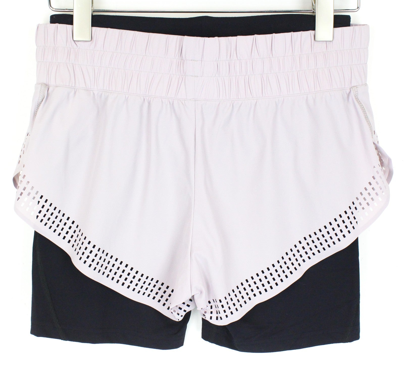 SWEATY BETTY Aerial 2in1 moteriški šortai M violetiniai juodi sportinės aprangos tamprūs logotipai 