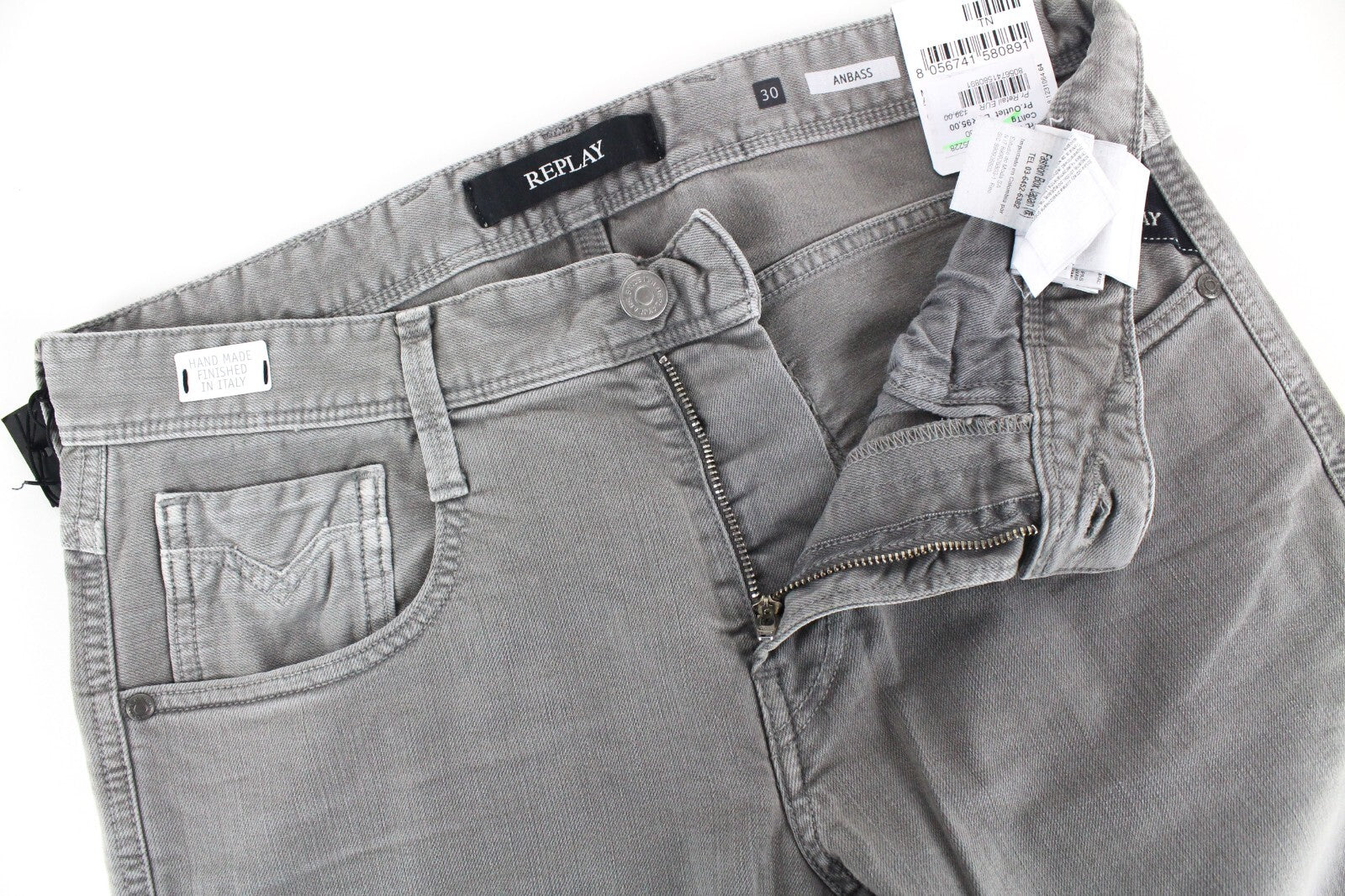 REPLAY Anbass vyriški džinsai W30/L34 pilki, ploni, medvilniniai, skalbti, 5 kišenės 