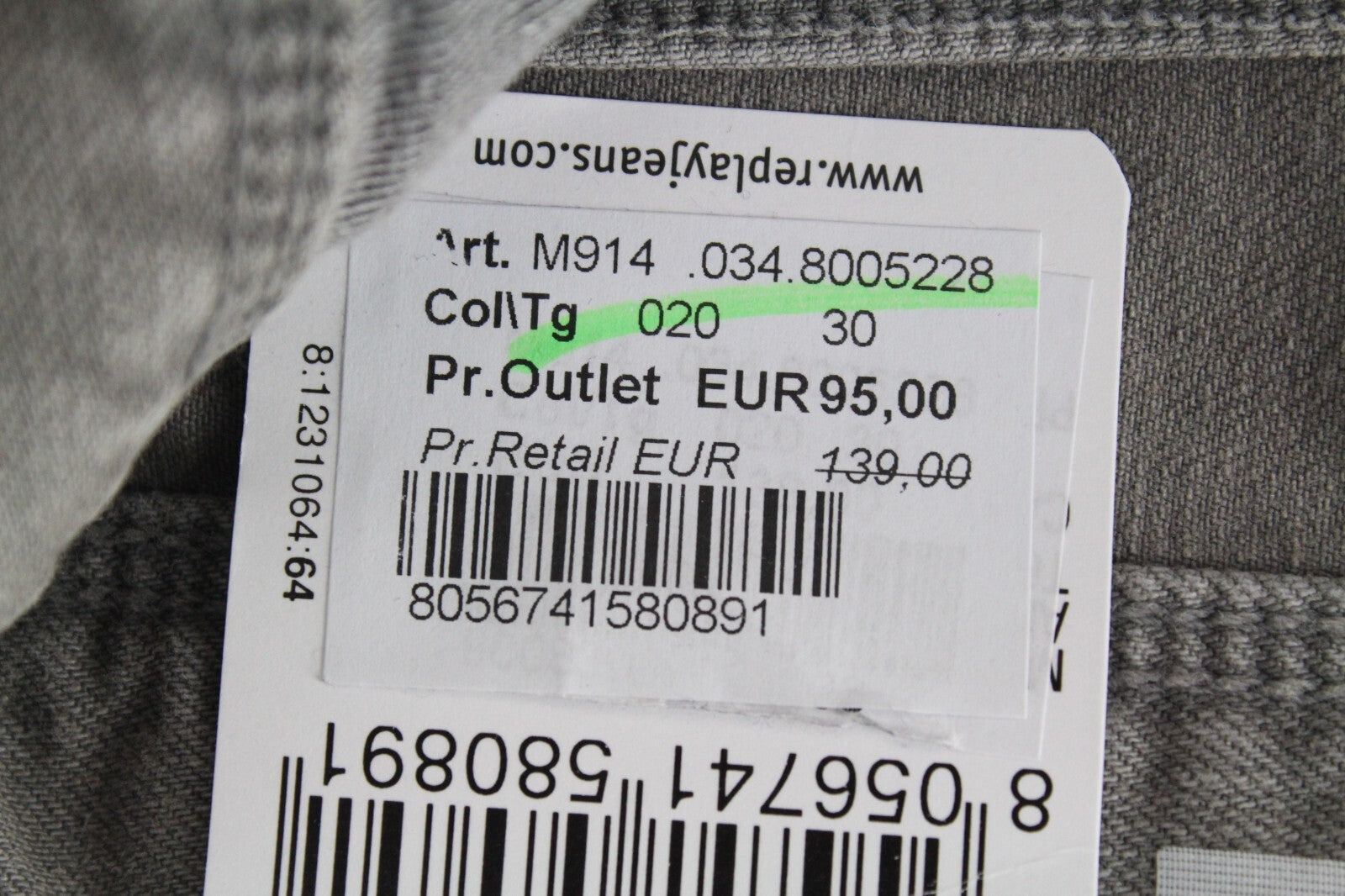 REPLAY Anbass vyriški džinsai W30/L34 pilki, ploni, medvilniniai, skalbti, 5 kišenės 