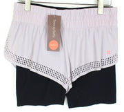 SWEATY BETTY Aerial 2in1 moteriški šortai L dydžio, violetiniai, juodi, sportinio logotipo tamprūs. 