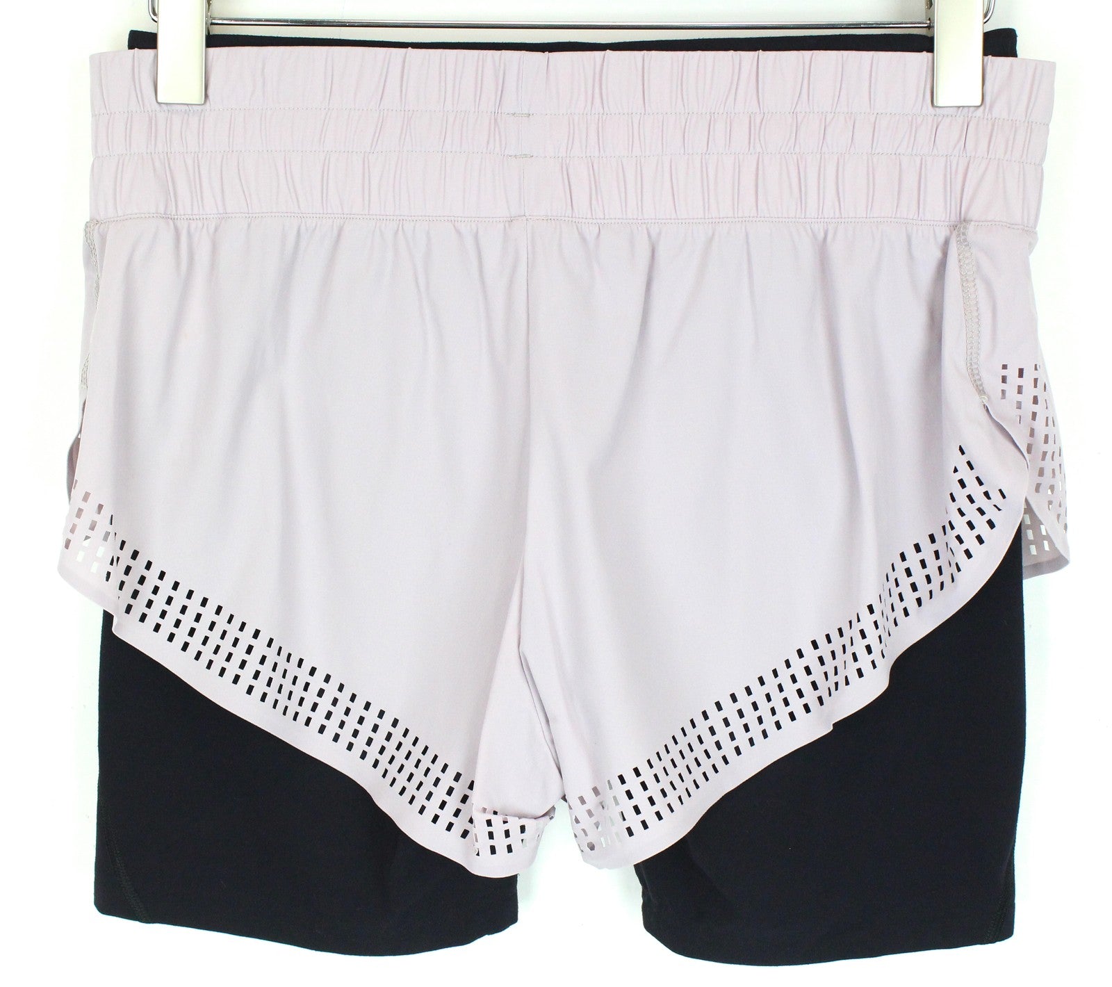 SWEATY BETTY Aerial 2in1 moteriški šortai L dydžio, violetiniai, juodi, sportinio logotipo tamprūs. 