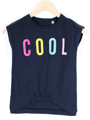 TOM TAILOR mergaitiški marškinėliai XS su grafiniu raštu, tamsiai mėlyno melanžo apvalia kaklo linija, vaikiški medvilniniai marškinėliai. 