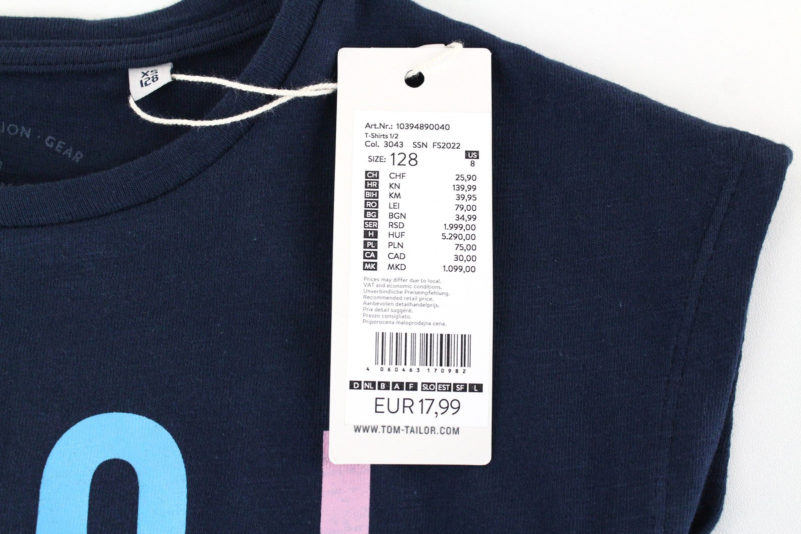 TOM TAILOR mergaitiški marškinėliai XS su grafiniu raštu, tamsiai mėlyno melanžo apvalia kaklo linija, vaikiški medvilniniai marškinėliai. 