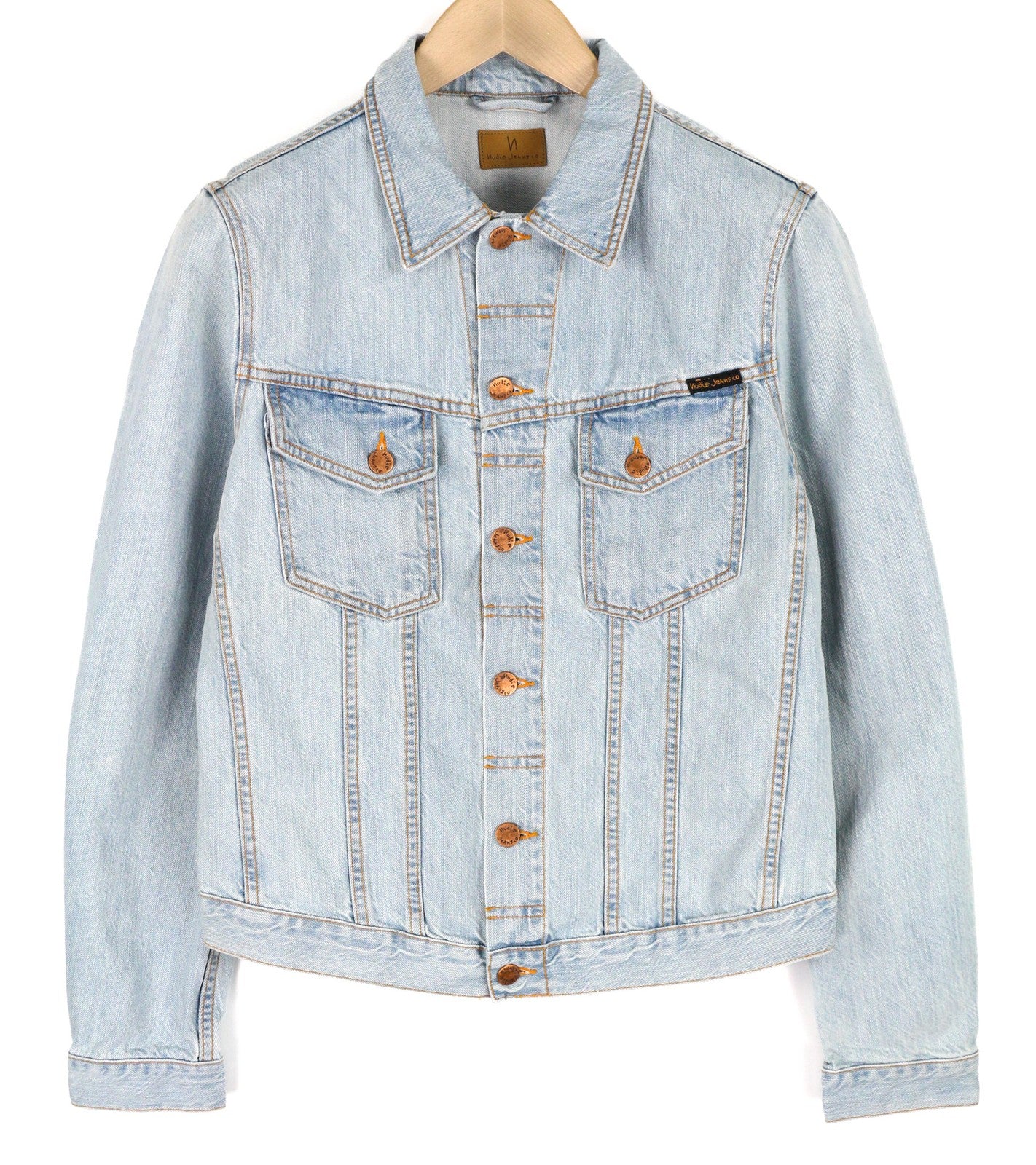 NUDIE Perry vyriška striukė M, ekologiški sūraus vandens atspalviai, sagomis užsegama kaklo džinsinio audinio logotipu 