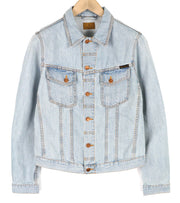 NUDIE Perry vyriška striukė M, ekologiški sūraus vandens atspalviai, sagomis užsegama kaklo džinsinio audinio logotipu 