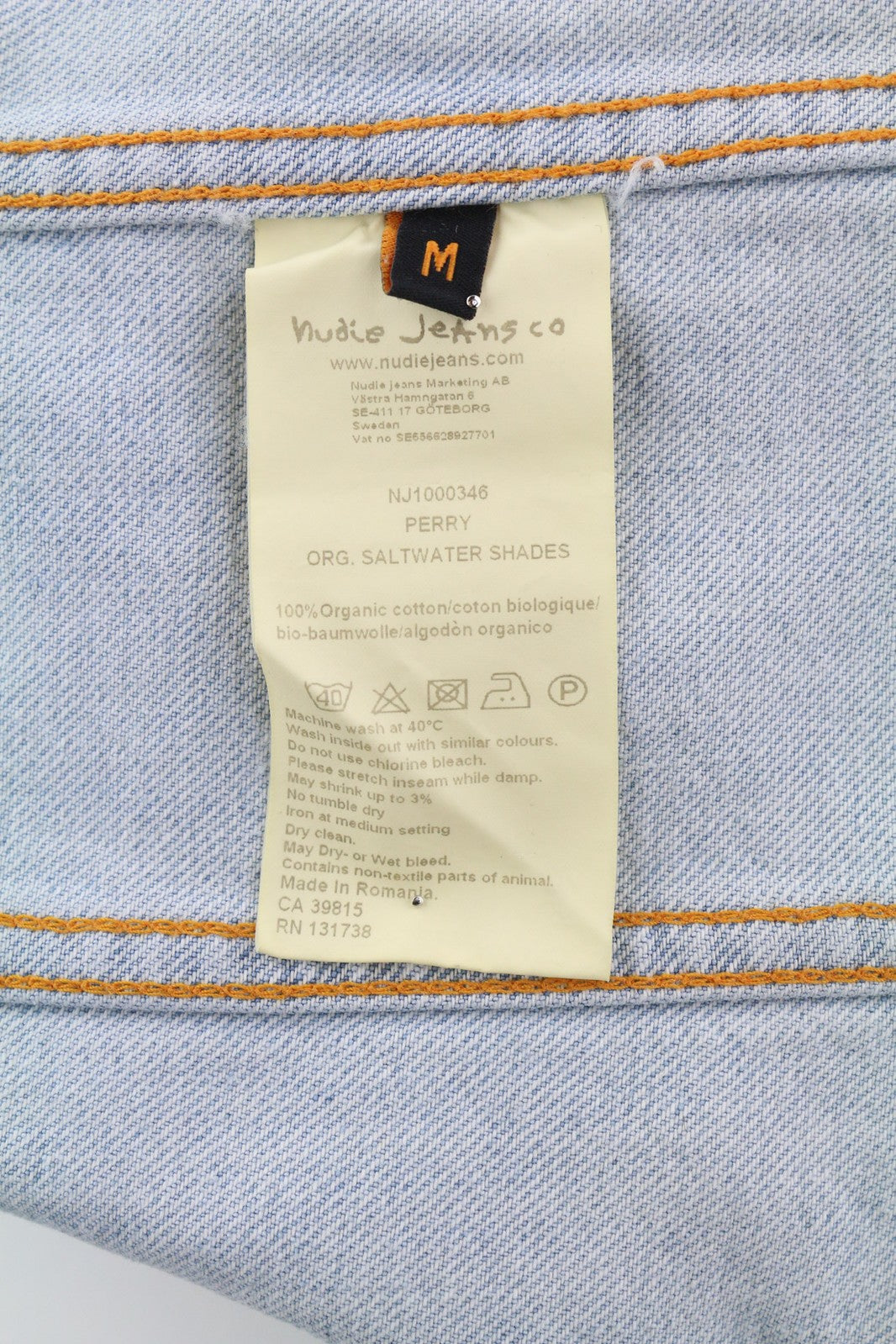 NUDIE Perry vyriška striukė M, ekologiški sūraus vandens atspalviai, sagomis užsegama kaklo džinsinio audinio logotipu 