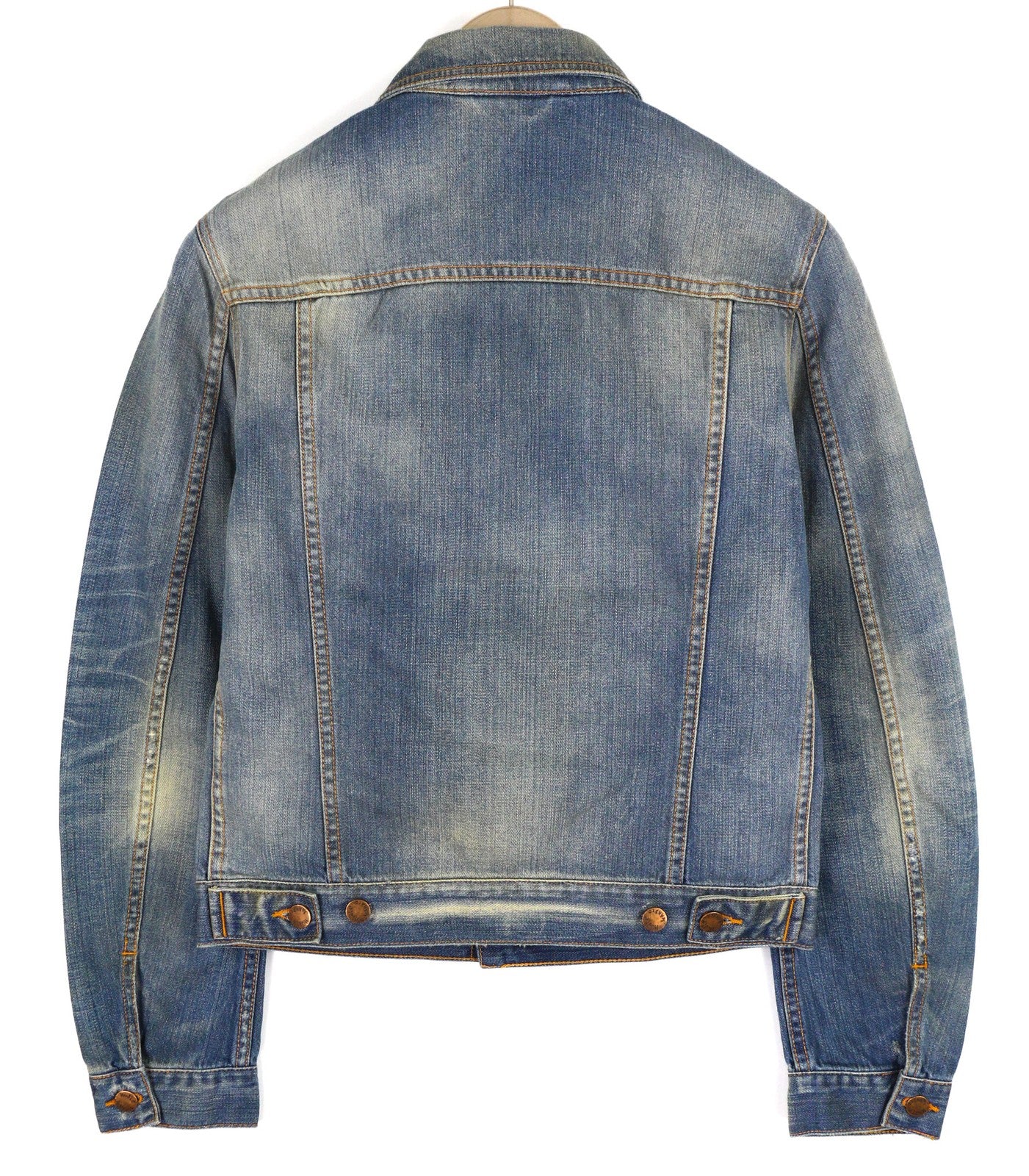 NUDIE Perry vyriška striukė S, ekologiška, ryškiai laužyta, vidutinės mėlynos spalvos, skalbtas, su sagomis, džinsinis audinys 