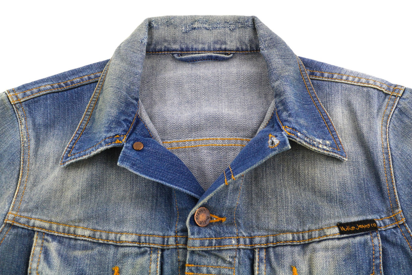 NUDIE Perry vyriška striukė S, ekologiška, ryškiai laužyta, vidutinės mėlynos spalvos, skalbtas, su sagomis, džinsinis audinys 