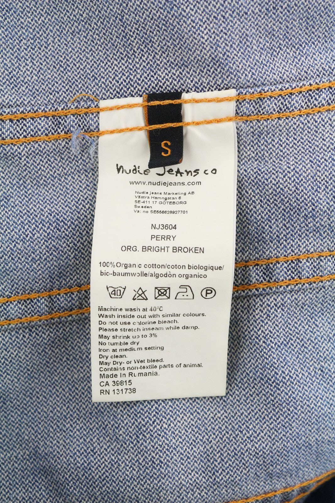 NUDIE Perry vyriška striukė S, ekologiška, ryškiai laužyta, vidutinės mėlynos spalvos, skalbtas, su sagomis, džinsinis audinys 