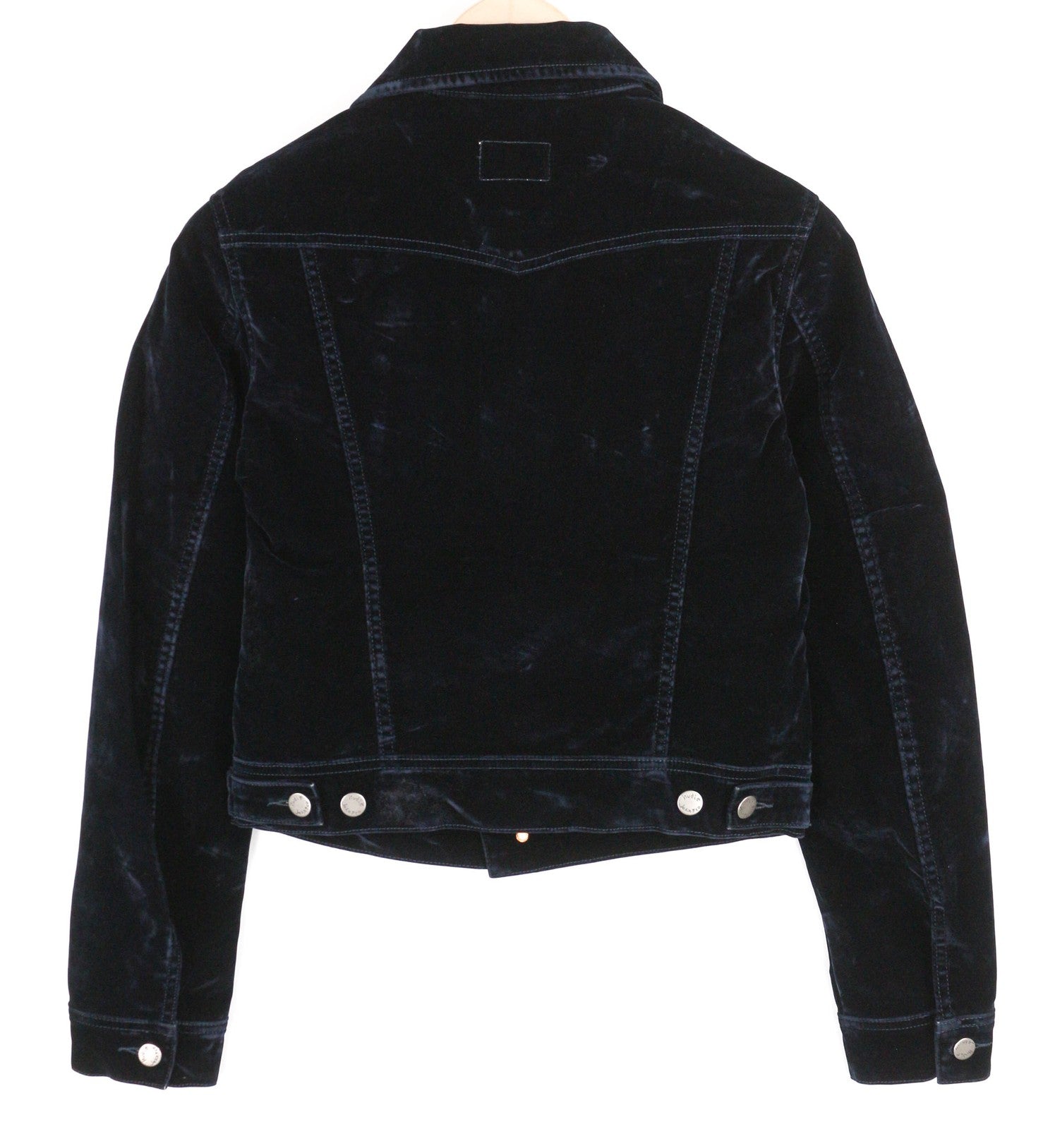 NUDIE Tove moteriška striukė M mėlyna aksominė kaklo sagomis tamsiai ilgomis rankovėmis logotipas 