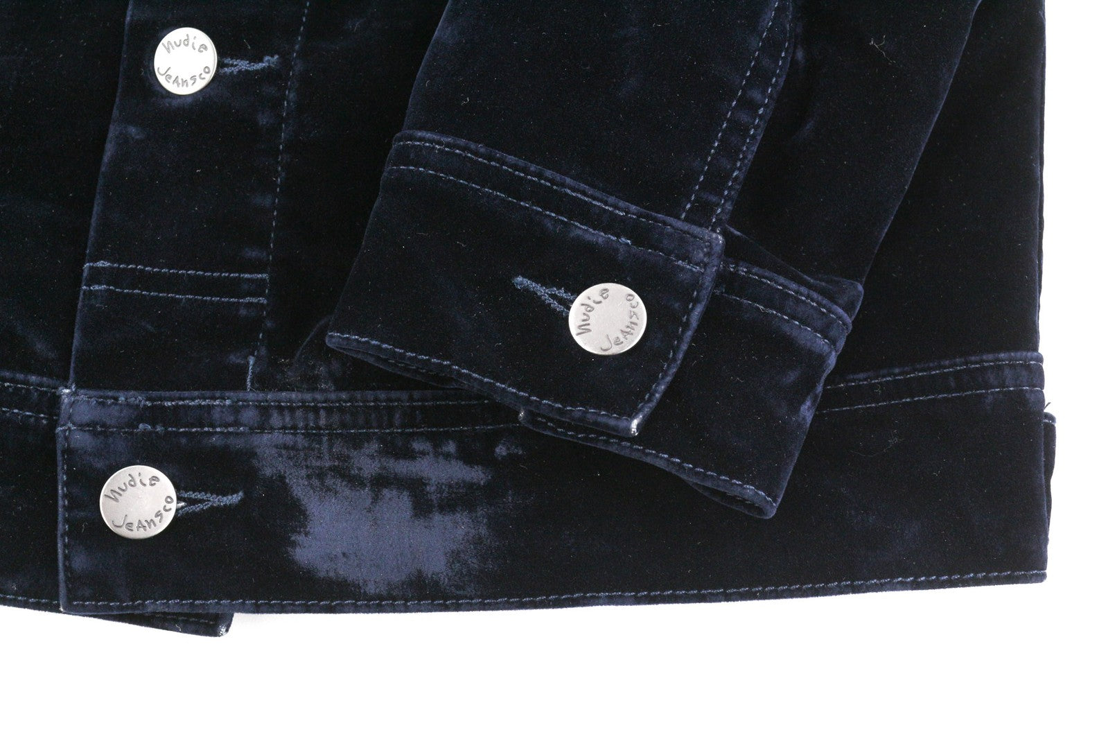 NUDIE Tove moteriška striukė M mėlyna aksominė kaklo sagomis tamsiai ilgomis rankovėmis logotipas 