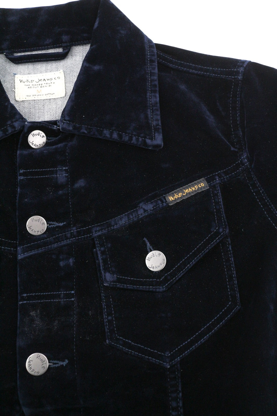 NUDIE Tove moteriška striukė M mėlyna aksominė kaklo sagomis tamsiai ilgomis rankovėmis logotipas 