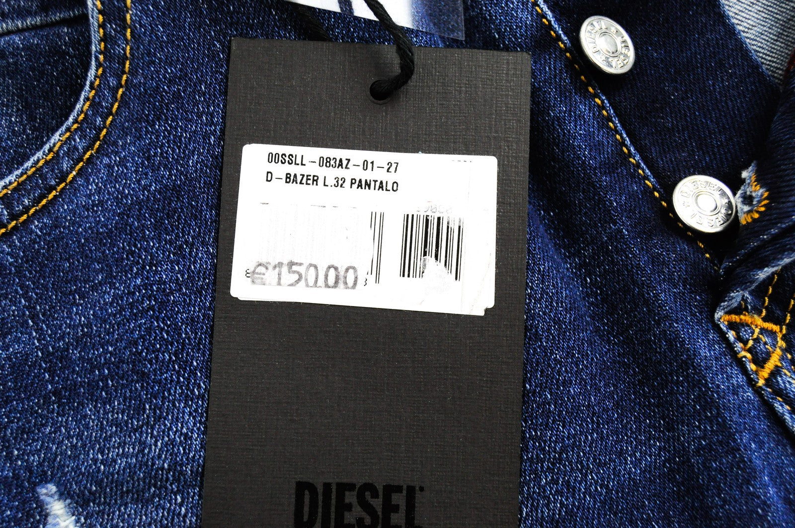Vyriški DIESEL džinsai D-Bazer 083AZ W27/L32 mėlyni, siaurėjantys, plėšyti, tamprūs. 
