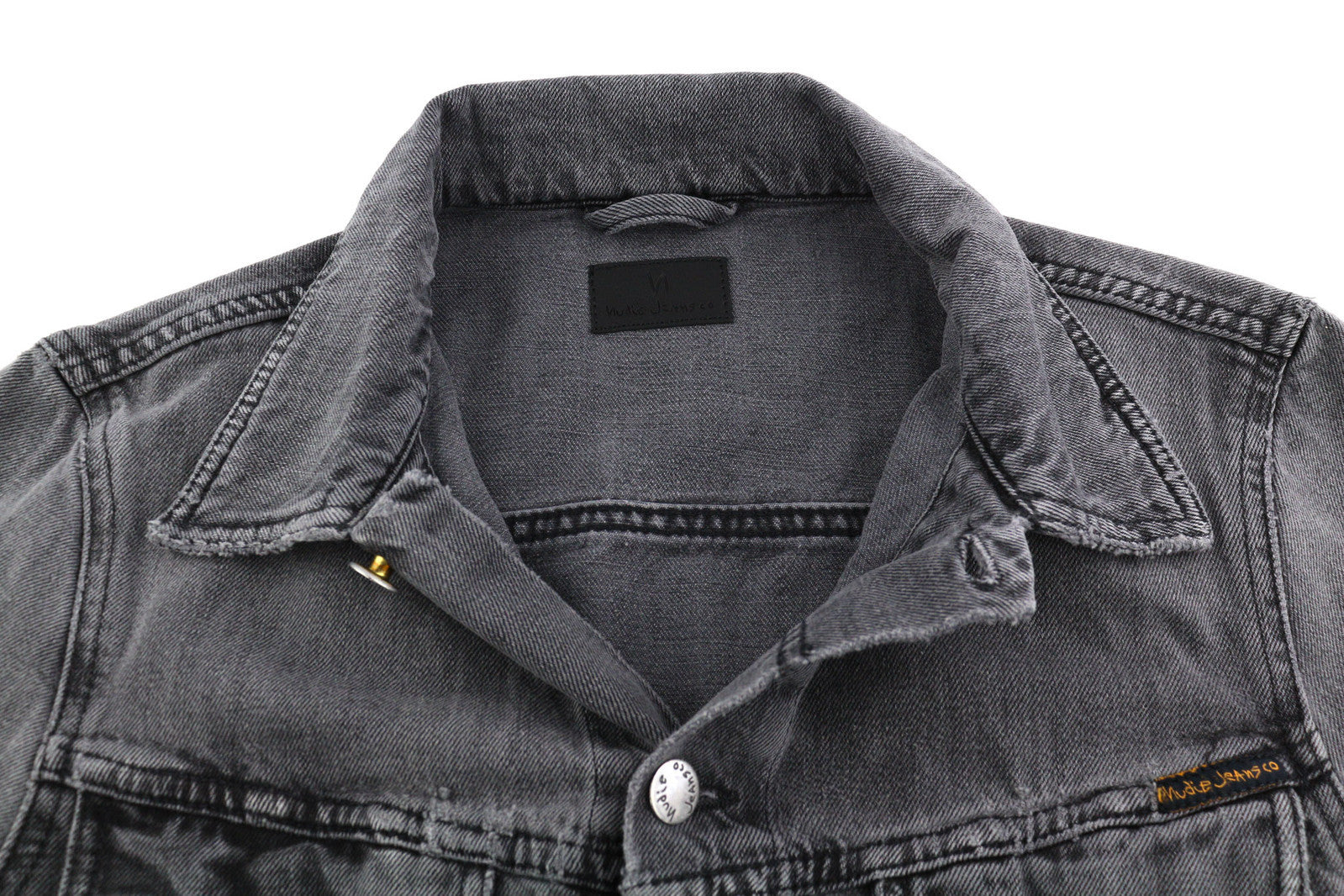 NUDIE Billy vyriška striukė S Desolation sagomis be pamušalo su logotipu ir kišenėmis, džinsinio audinio 