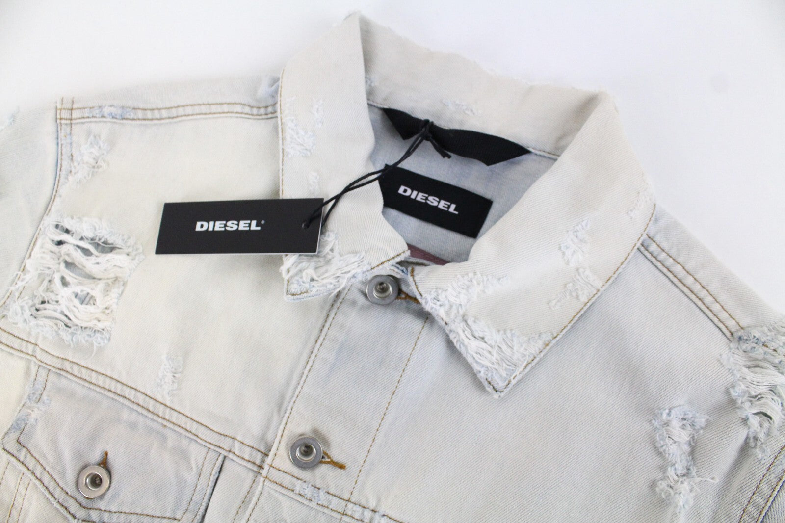 DIESEL De-Visty 069AV striukė moterims L, mėlyna, pilka, džinsinė, plėšyta medvilnė 