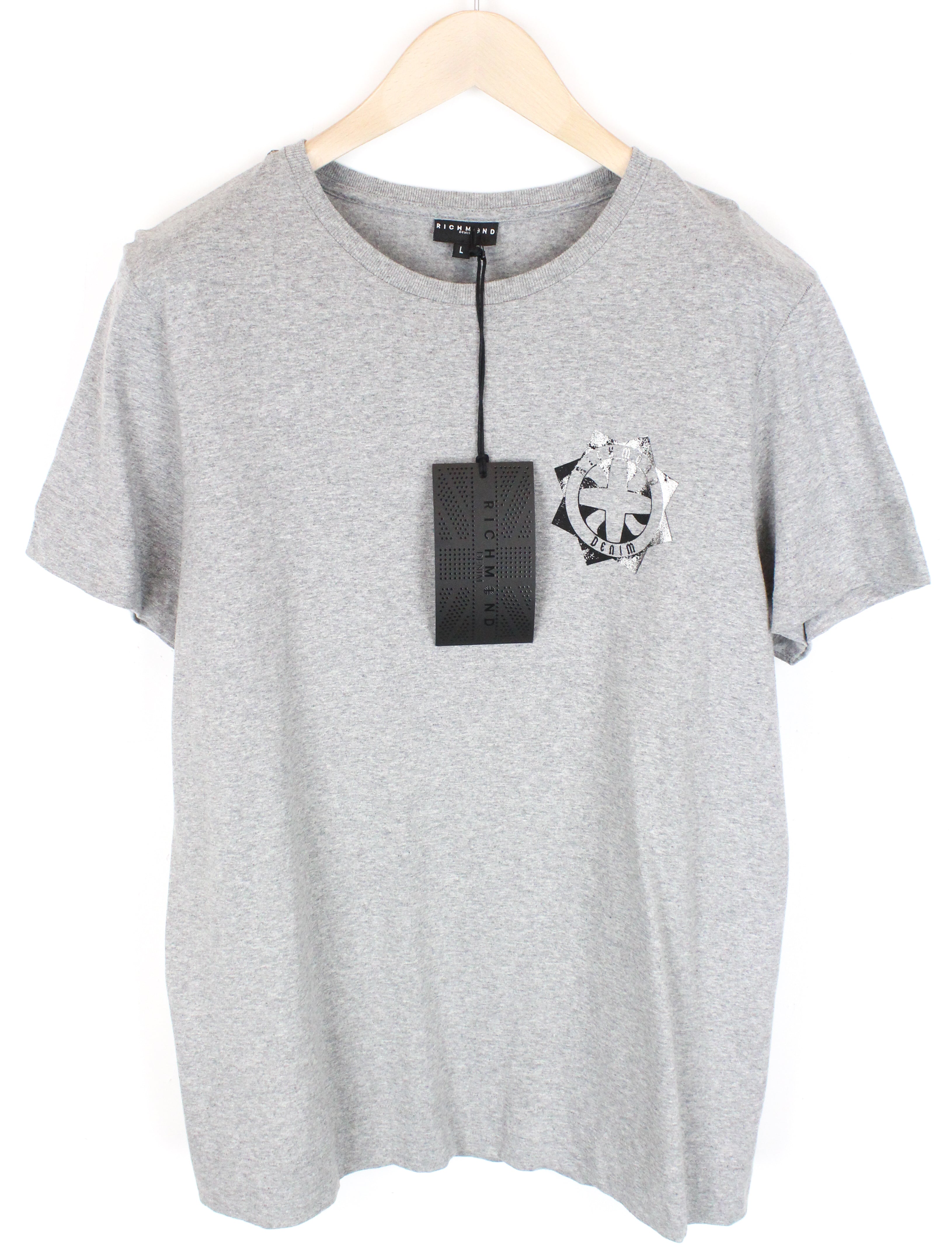 RICHMOND vyriški marškinėliai su trumpomis rankovėmis, L dydžio, vasariniai, medvilniniai, laisvalaikio stiliaus, su logotipu ir pilkais L dydžio marškinėliais 
