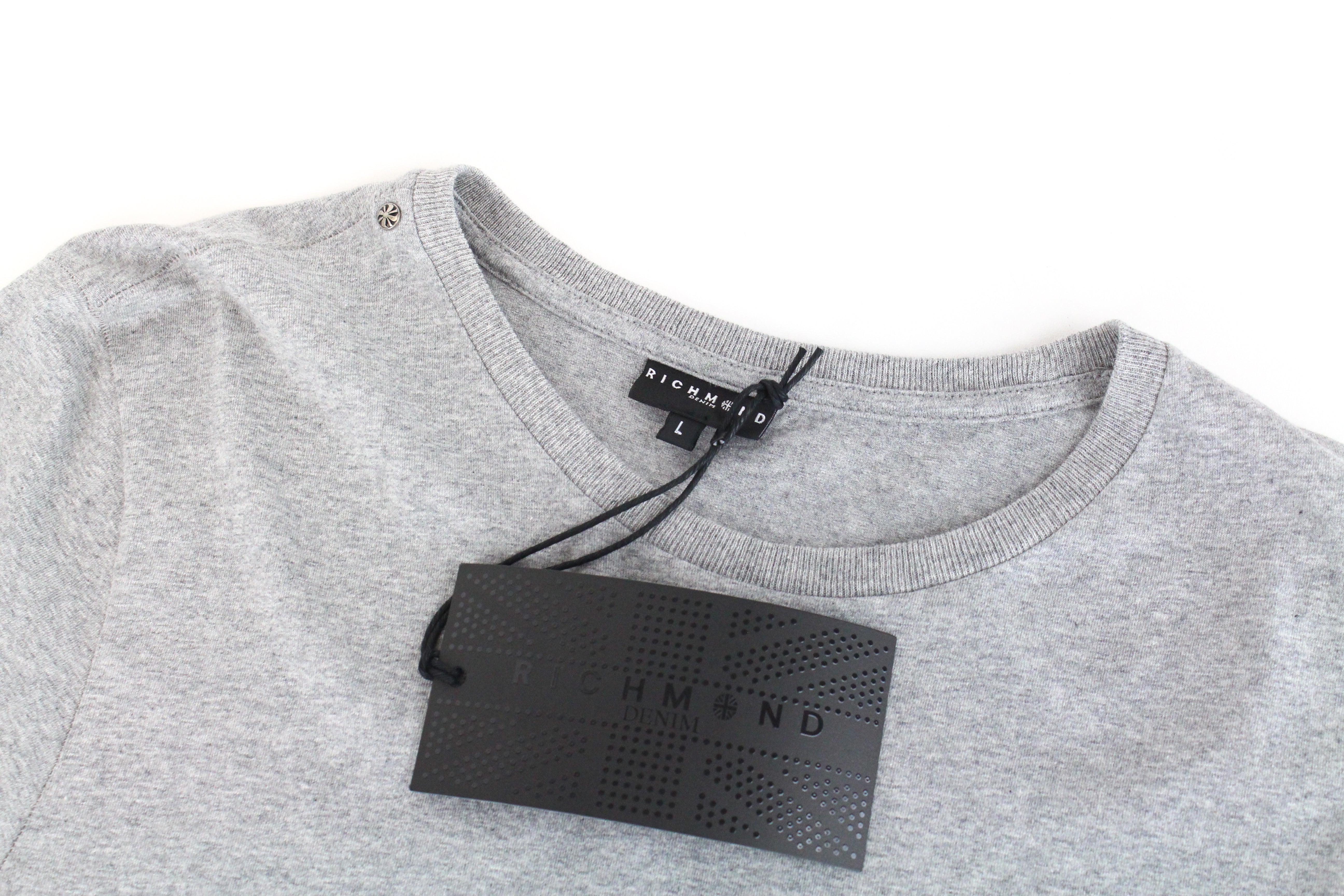 RICHMOND vyriški marškinėliai su trumpomis rankovėmis, L dydžio, vasariniai, medvilniniai, laisvalaikio stiliaus, su logotipu ir pilkais L dydžio marškinėliais 