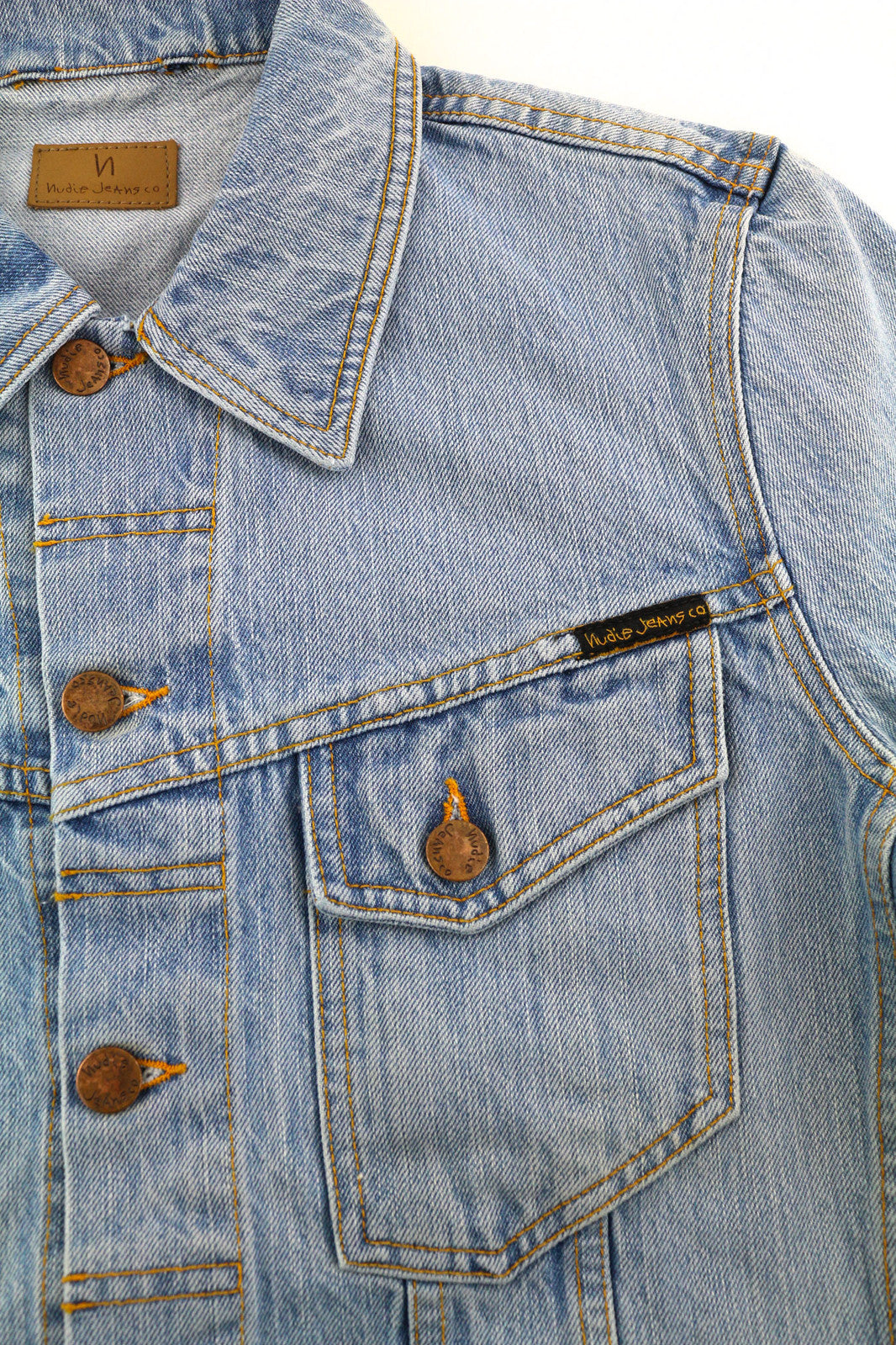 NUDIE Men Jacket S Mid Blue Washed Denim Neck Buttoned Pockets Casual Logo