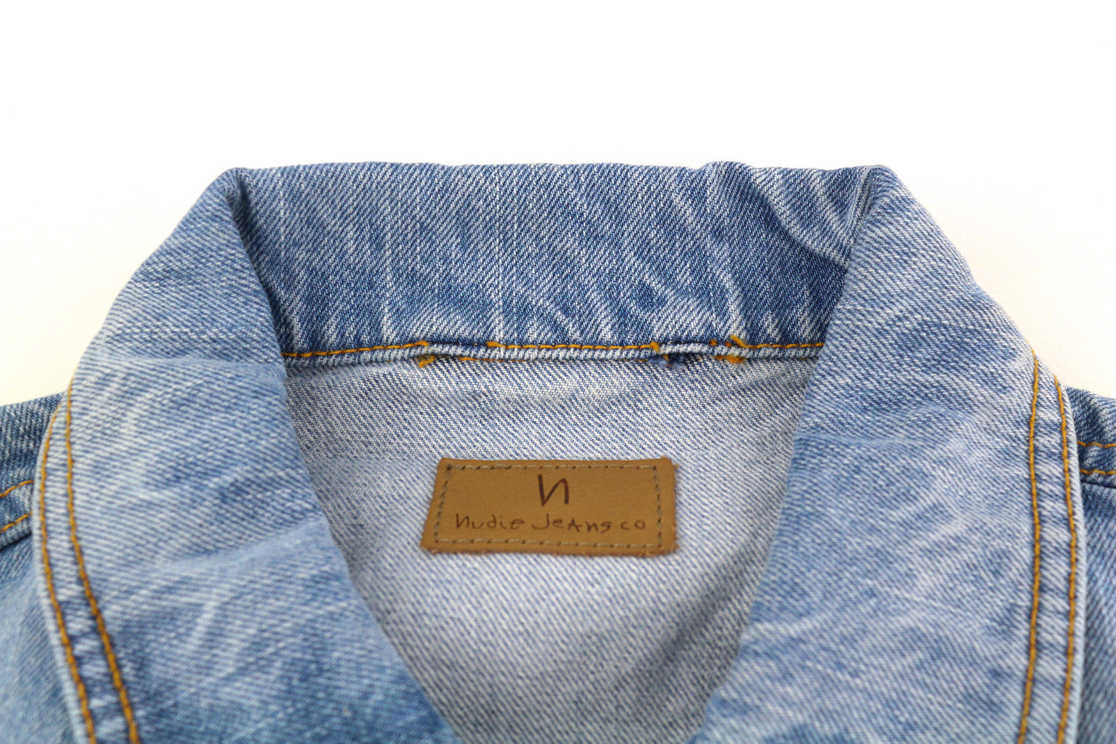 NUDIE Men Jacket S Mid Blue Washed Denim Neck Buttoned Pockets Casual Logo