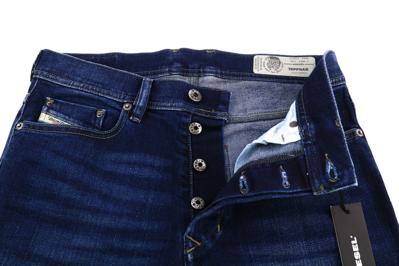 DIESEL Tepphar R86L0 vyriški džinsai W27/L32 Slim Carrot tamprūs skalbti mėlyni džinsai 