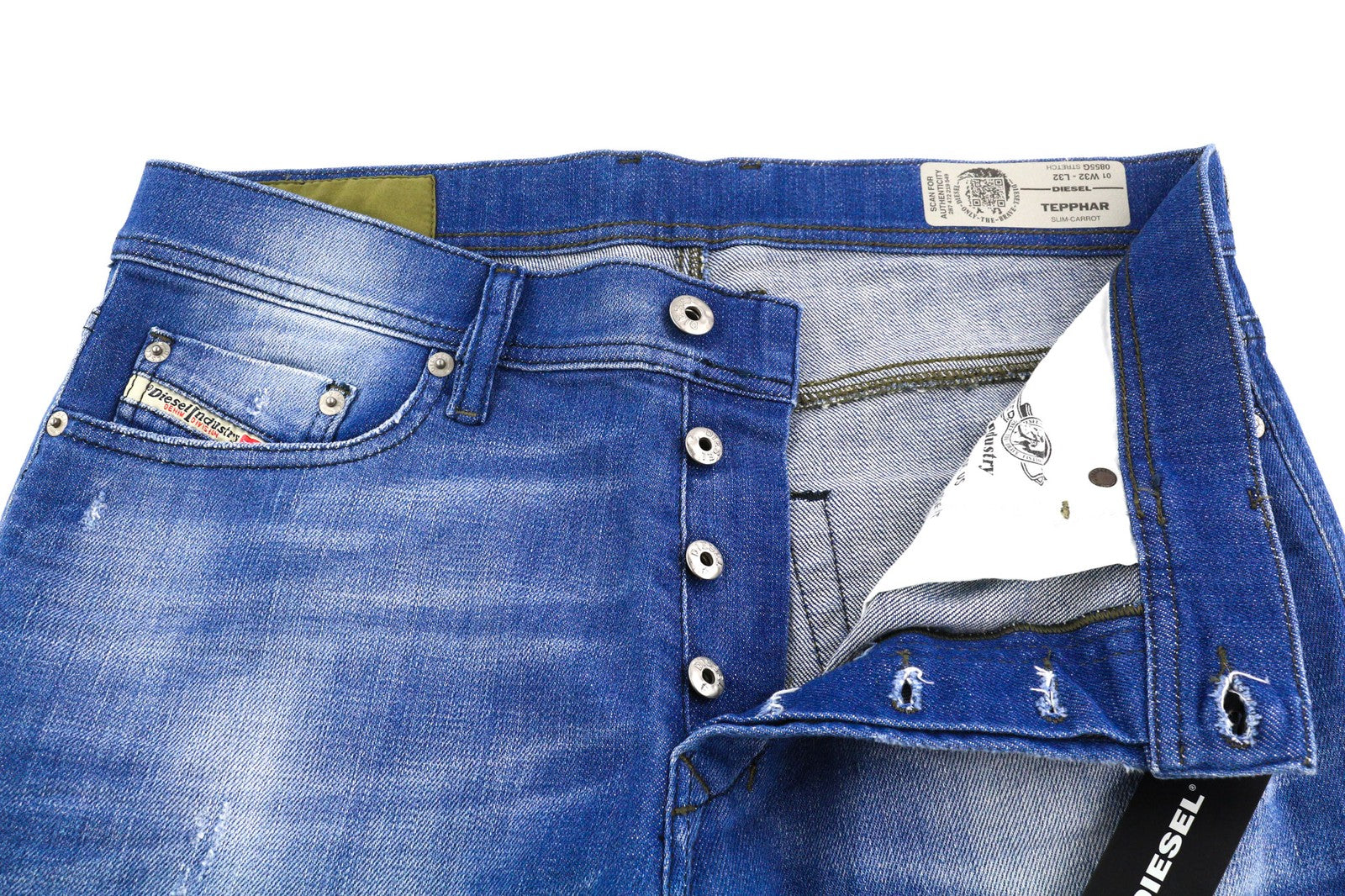 DIESEL Tepphar 0855G vyriški džinsai W32/L32 Slim, morkų spalvos, tamprūs, skalbti, su sagomis 