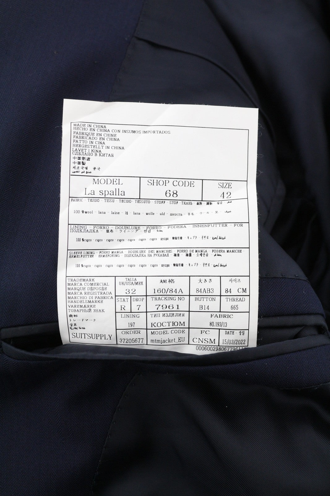 SUITSUPPLY La Spalla Men Blazer UK32R Dark Blue Wool Double-Breasted Peak Lapel