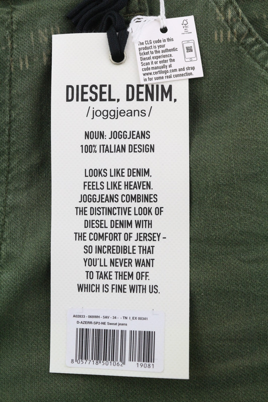 DIESEL D-Azerr Jogg 069WH vyriški džinsai W34 tiesūs, tamprūs, skalbtos žalios spalvos, rekomenduojama kaina – 250 € 