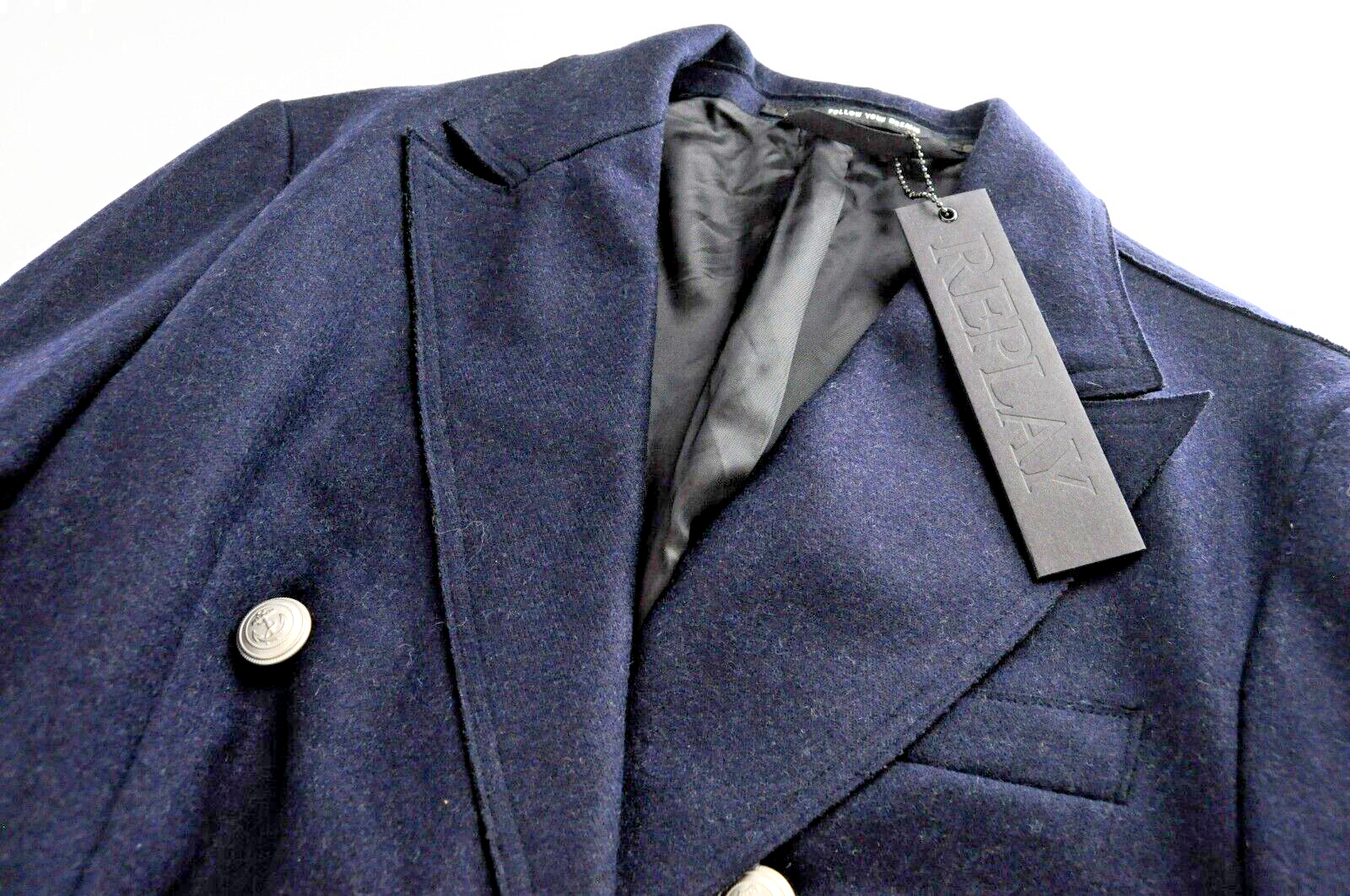 REPLAY Mens Navy Coat 50 Classic Wool Blend Double-Breasted Peak Collar Lined
