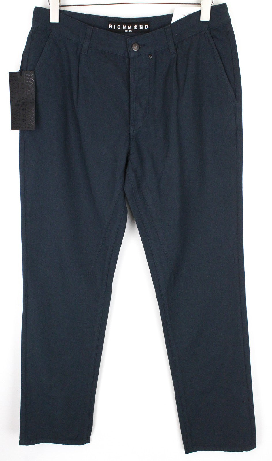 RICHMOND Men's Trousers 48 Blue Cotton Linen Button Fly Casual Slit Pockets
