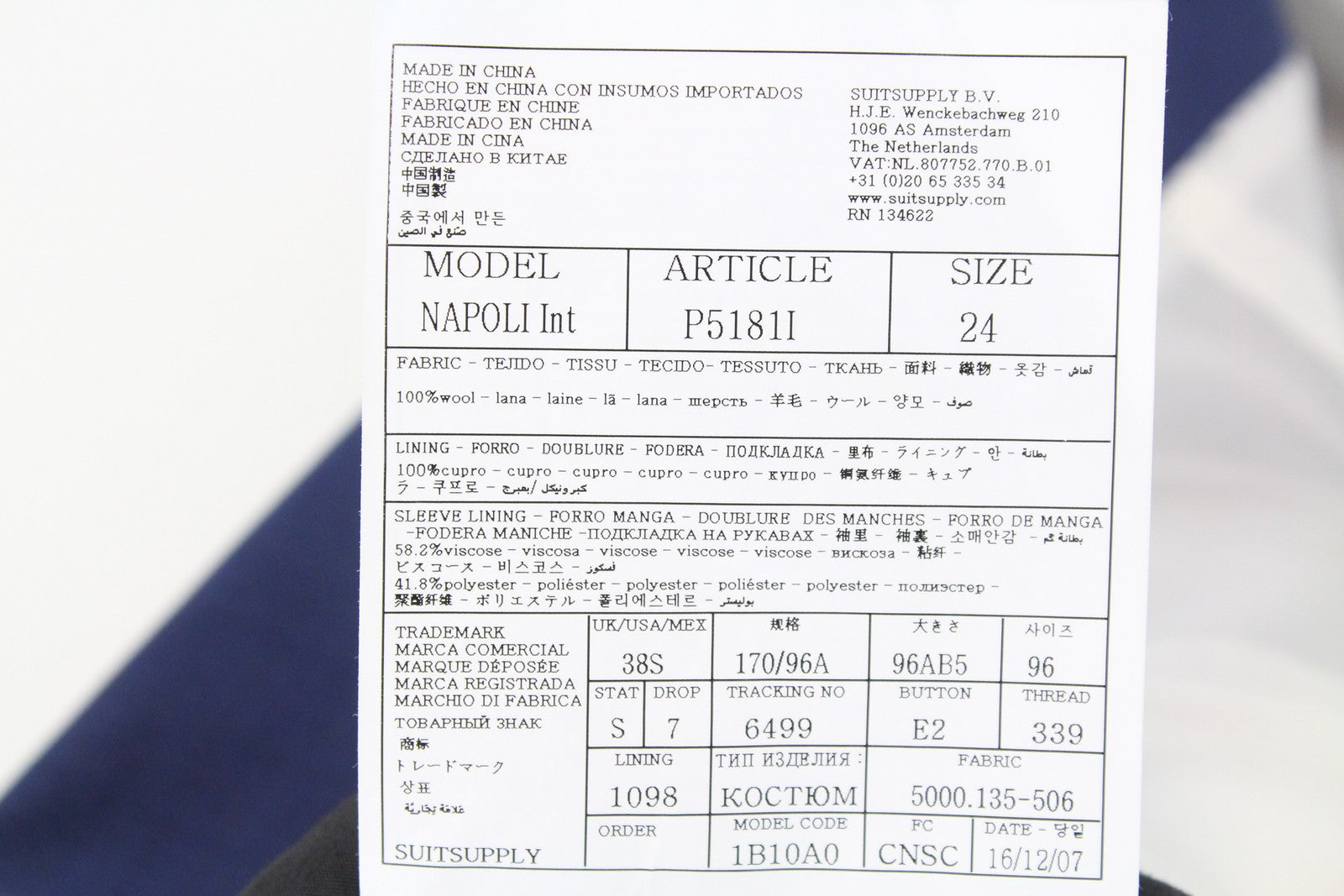 SUITSUPPLY Napoli Men's Blazer UK38S Blue Pure Wool Notch Collar Single-Breasted