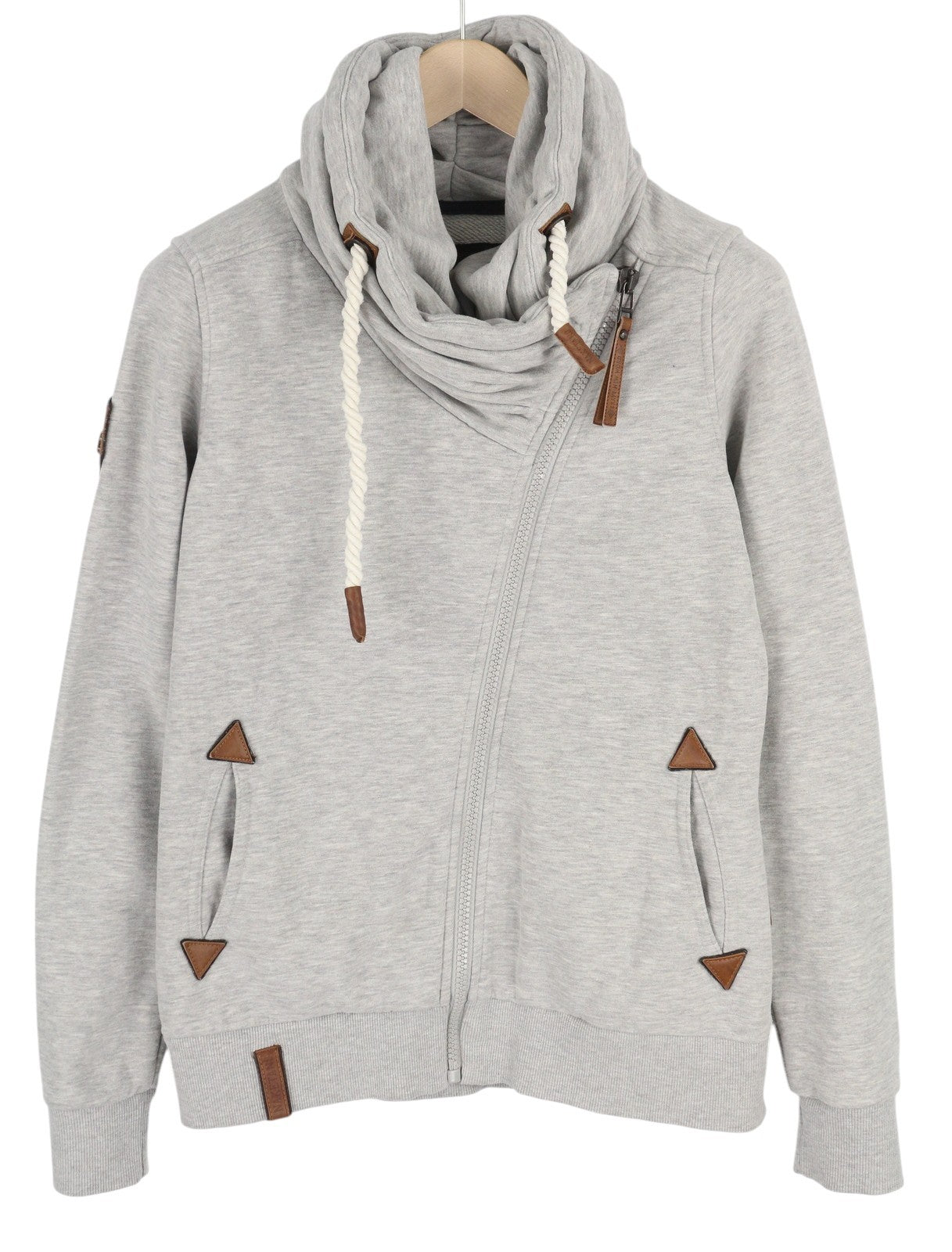 NAKETANO moteriškas džemperis L melanžo pilkas pilnas užtrauktukas su aukštomis apykaklės kišenėmis ilgomis rankovėmis 