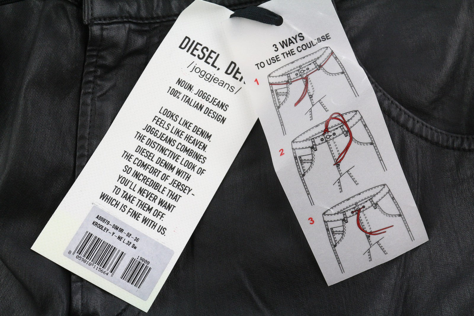 DIESEL Krooley Jogg 0849R vyriški džinsai W36/L32 siaurėjantys, rekomenduojama kaina – 250 €, dengti juodi 