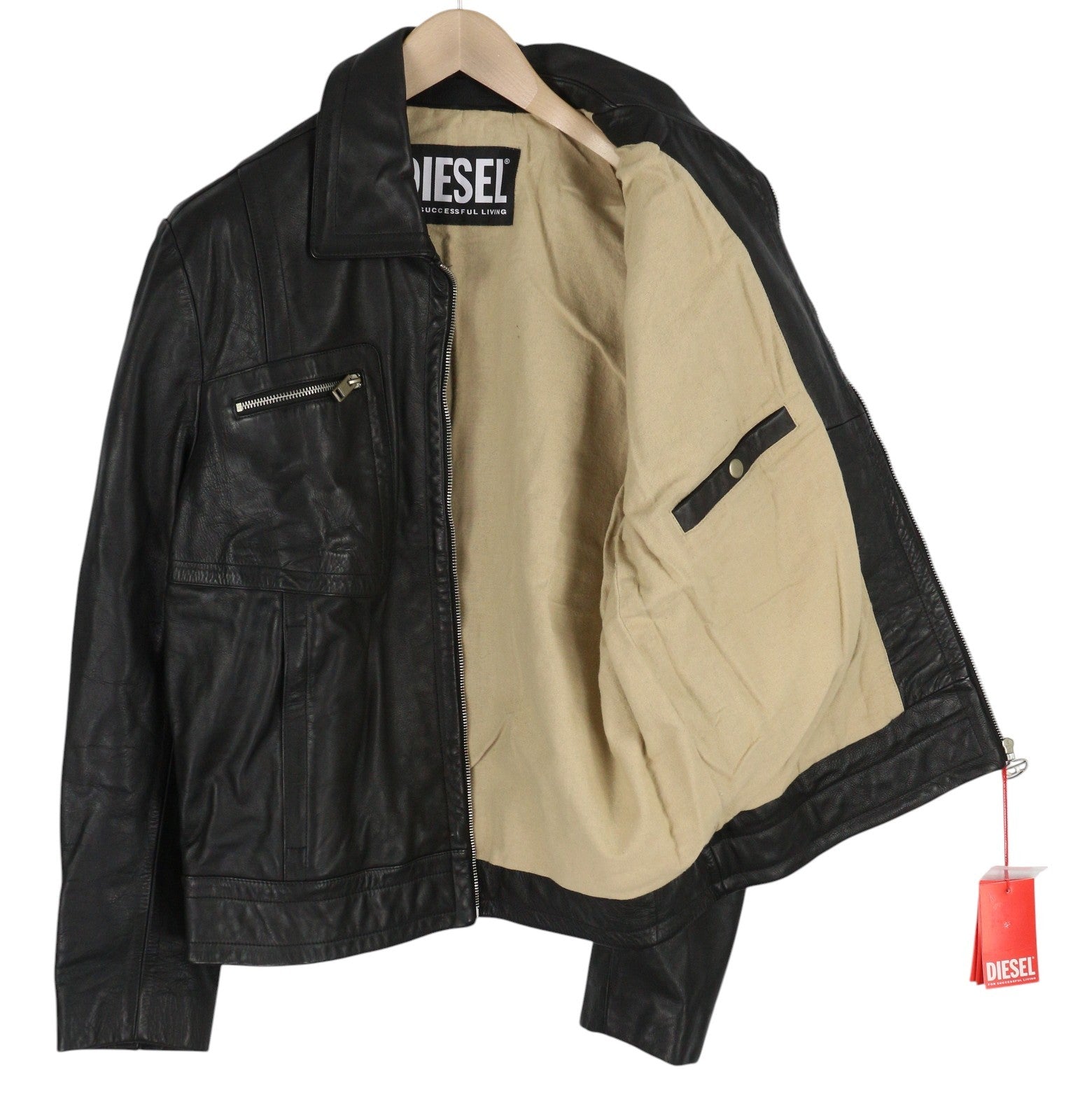 DIESEL L-Cale vyriška striukė L, juoda, odinė, su gobtuvu, RRP 650 € 