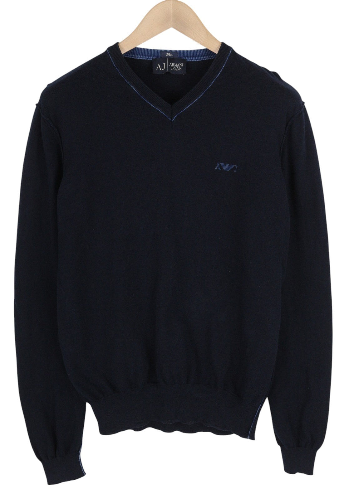 ARMANI JEANS vyriškas megztinis ~S tamsiai mėlynas megztinis su V formos iškirpte, megztas, plonas kirpimas su logotipais 