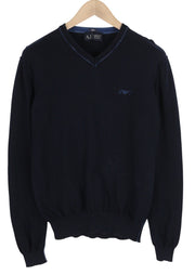 ARMANI JEANS vyriškas megztinis ~S tamsiai mėlynas megztinis su V formos iškirpte, megztas, plonas kirpimas su logotipais 