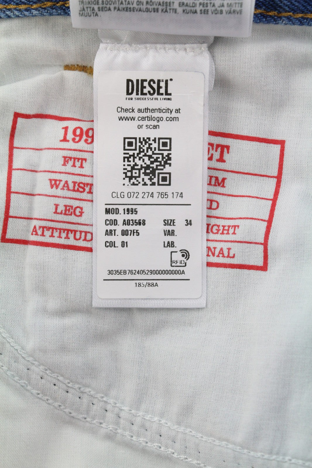 DIESEL 1995 007F5 vyriški džinsai W34 Slim vidutinio juosmens tiesios kojos mėlyni RRP 250 € 