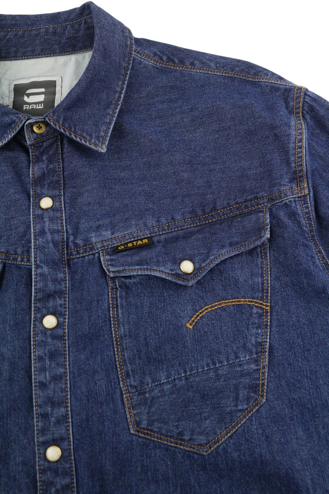 G-STAR Arc 3D L/S vyriški marškinėliai, XL dydžio, džinso mėlyna spalva, sagomis, išskleista apykakle, kišenės su uždėtinėmis kišenėmis. 